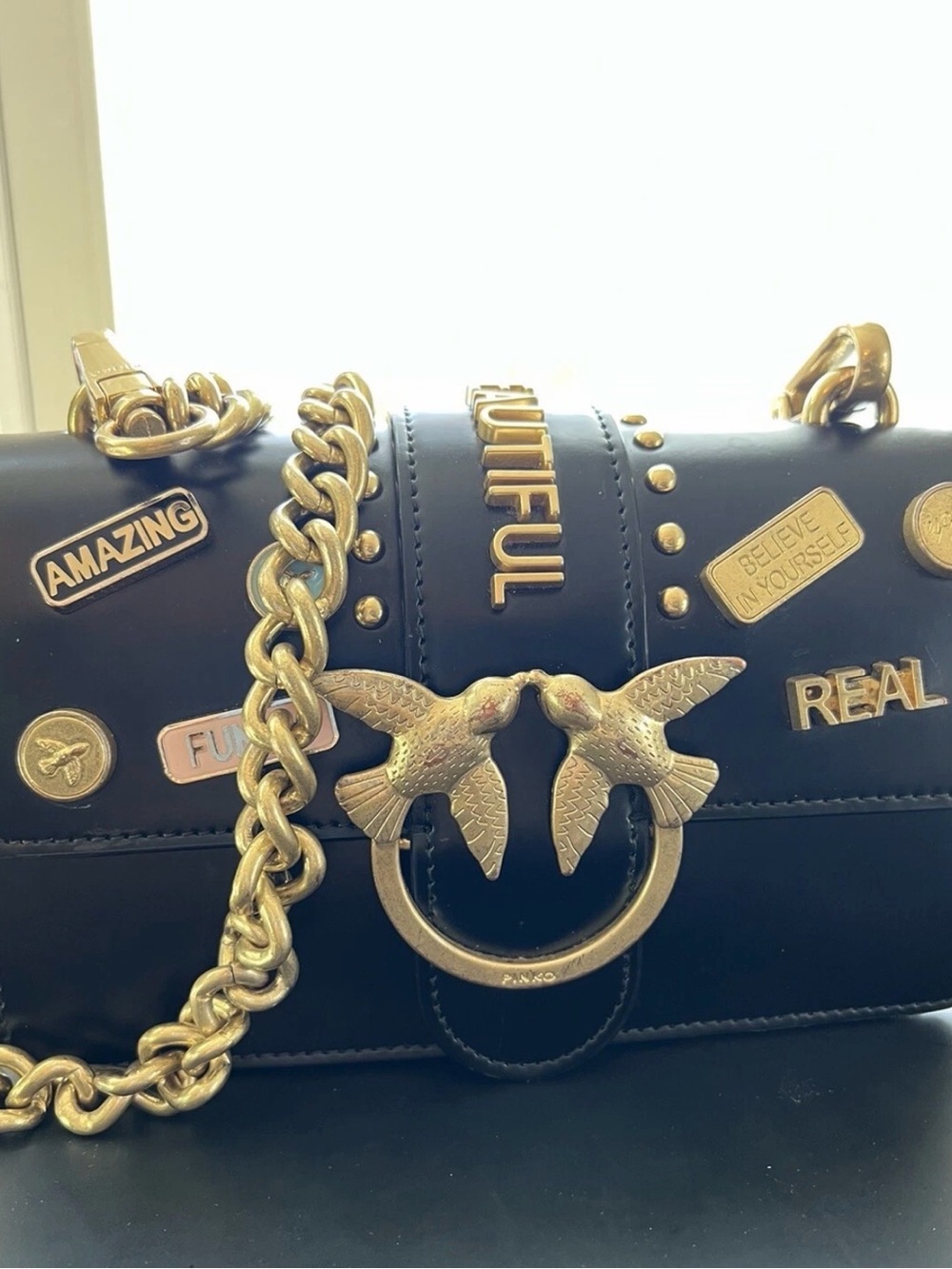 Pinko Black Shoulder Bag with Gold Bird Ring & Badge Accents